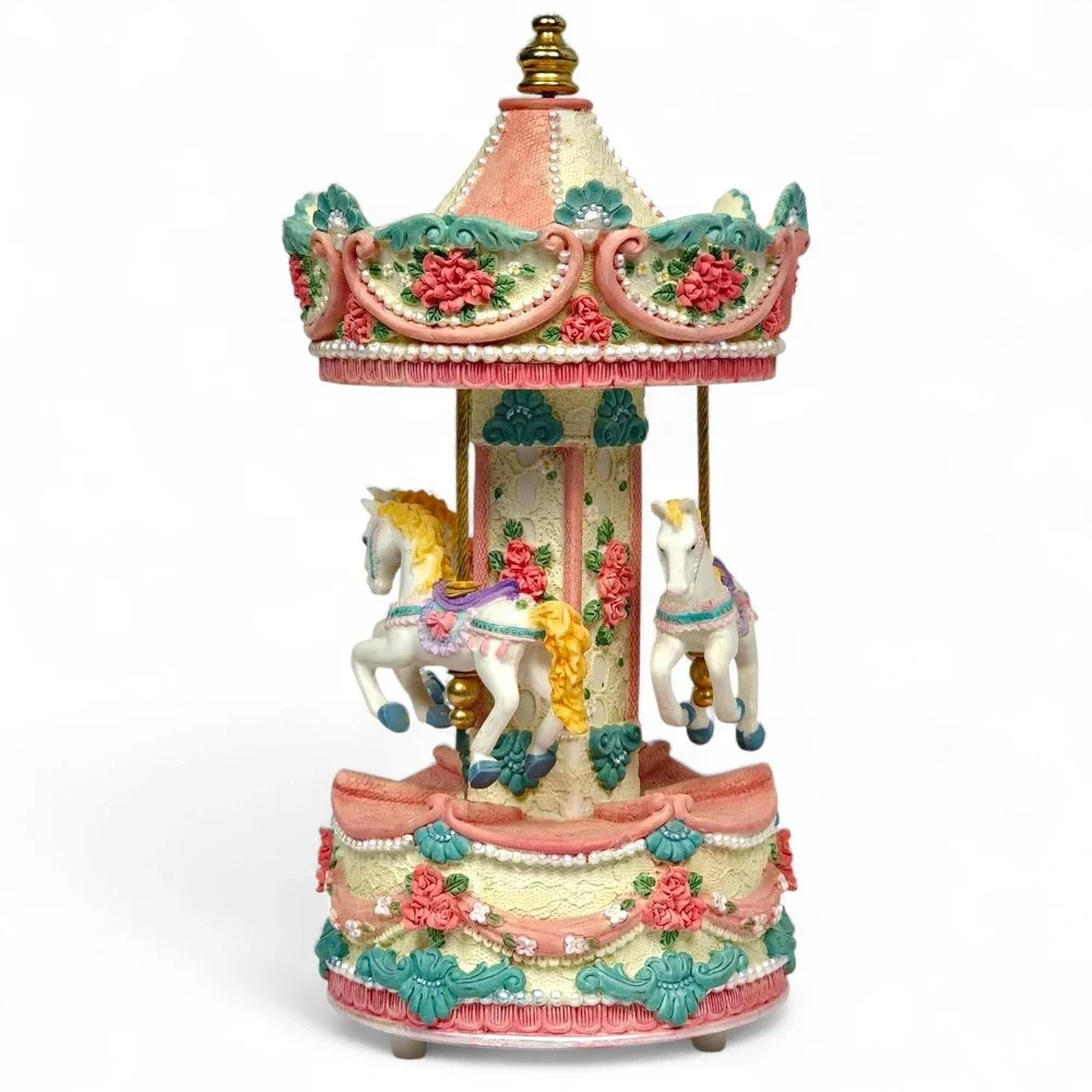 Musical Rotating Carousel Horse Music Box Plays Carousel Waltz Pink Floral
